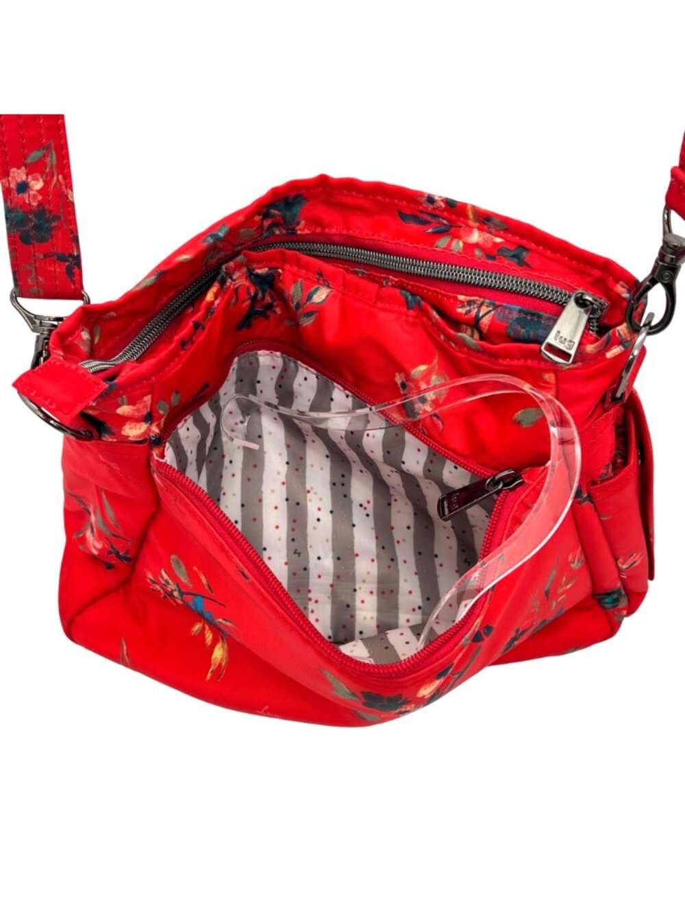 Lug Shimmy Crossbody Bag Adjustable Strap Red Floral Quilted Polyester Key Strap - Picture 4 of 16